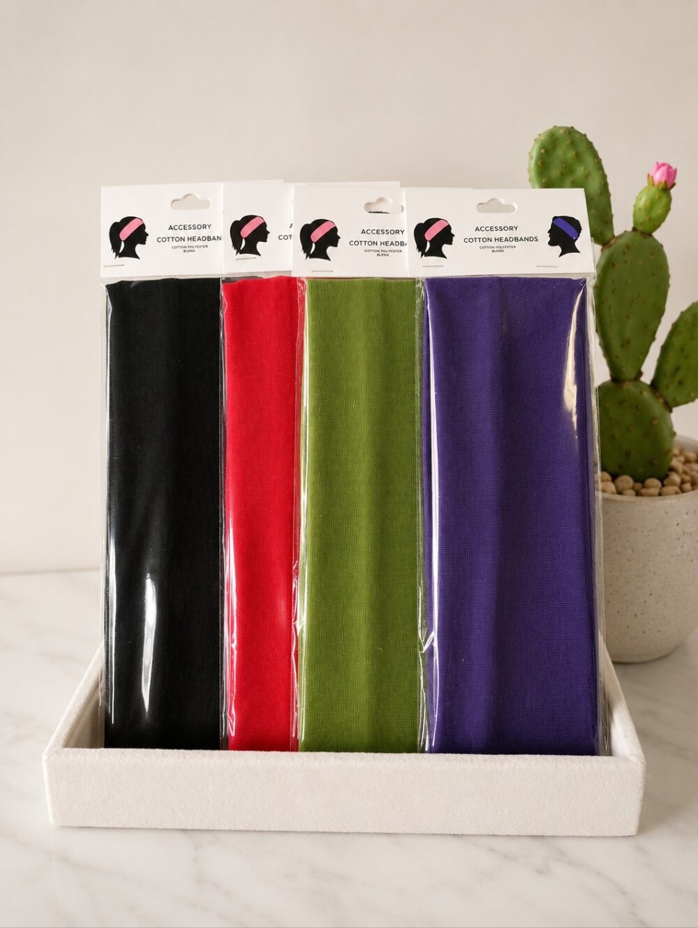 Women's Cotton Stretch Headbands Set of 4 | Black, Red, Olive Green & Purple
